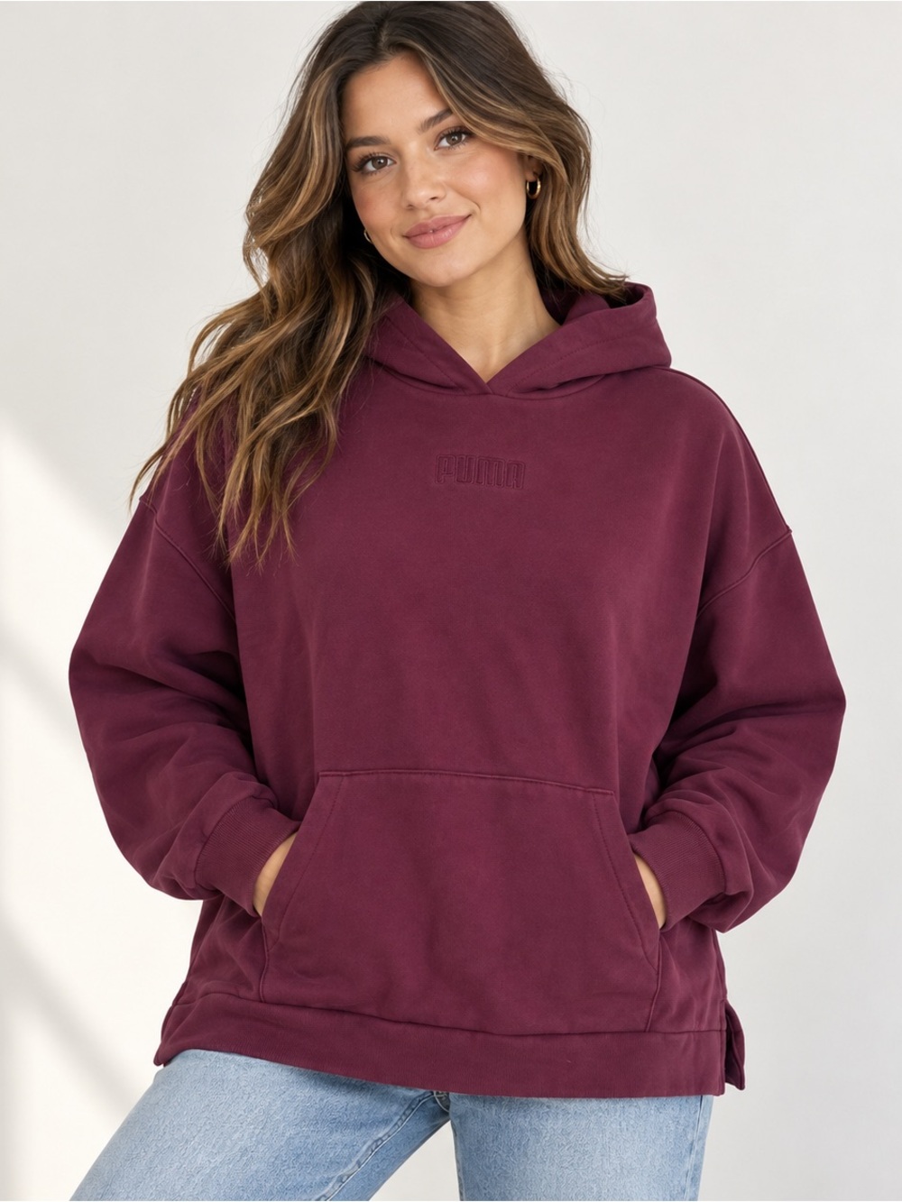 PUMA Women’s XL Burgundy Oversized Pullover Hoodie Tonal Logo Kangaroo Pocket